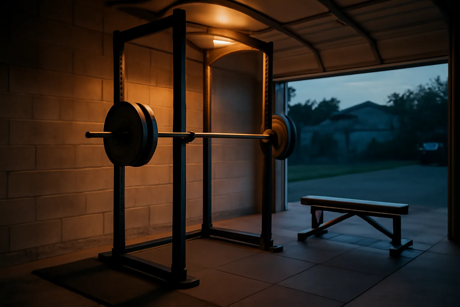Steel power rack with loaded barbell in a converted garage home gym